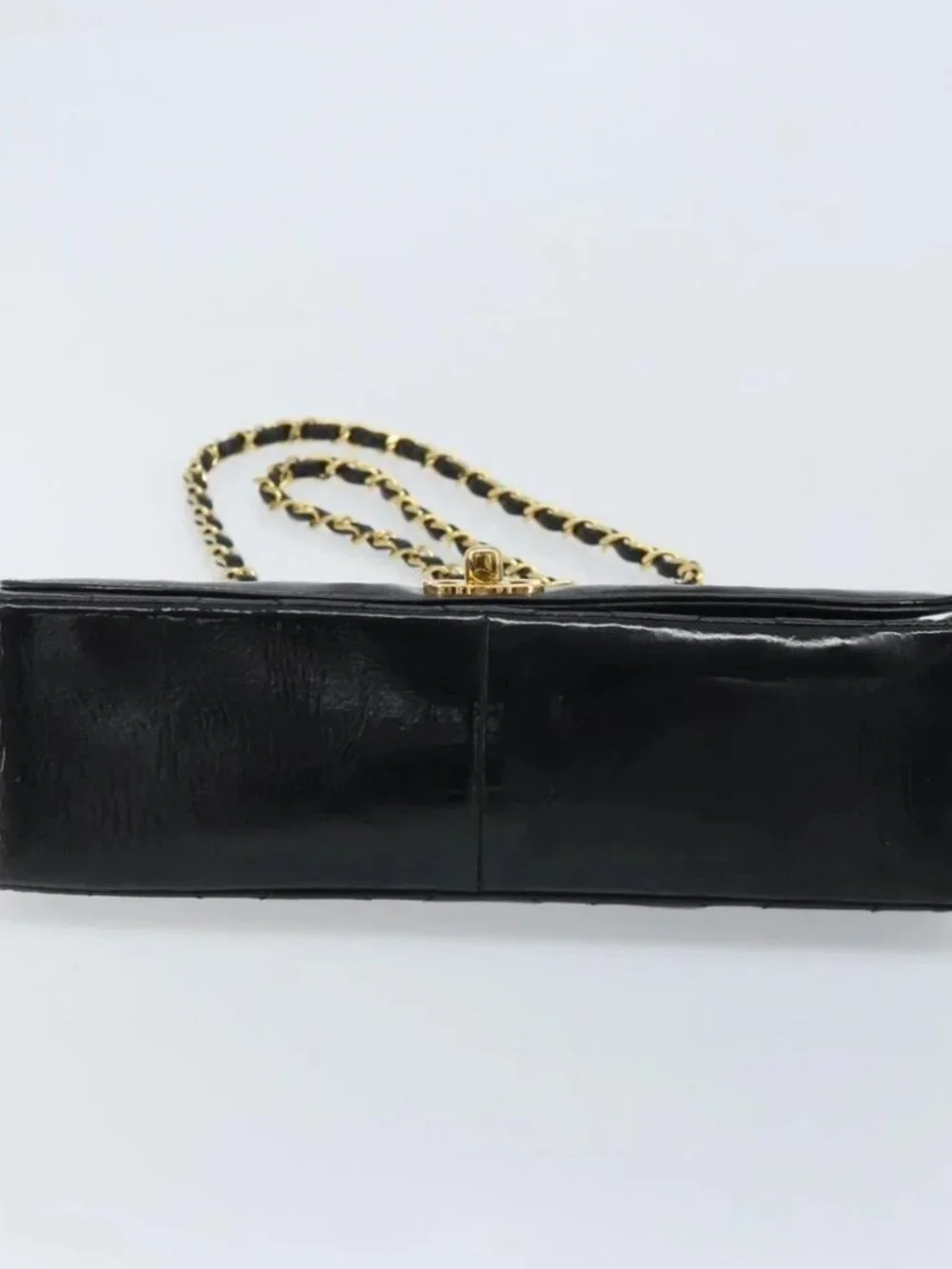 CHANEL Diana 25 Matelasse Chain Bag Patent Leather Black Gold CC Auth bs34314